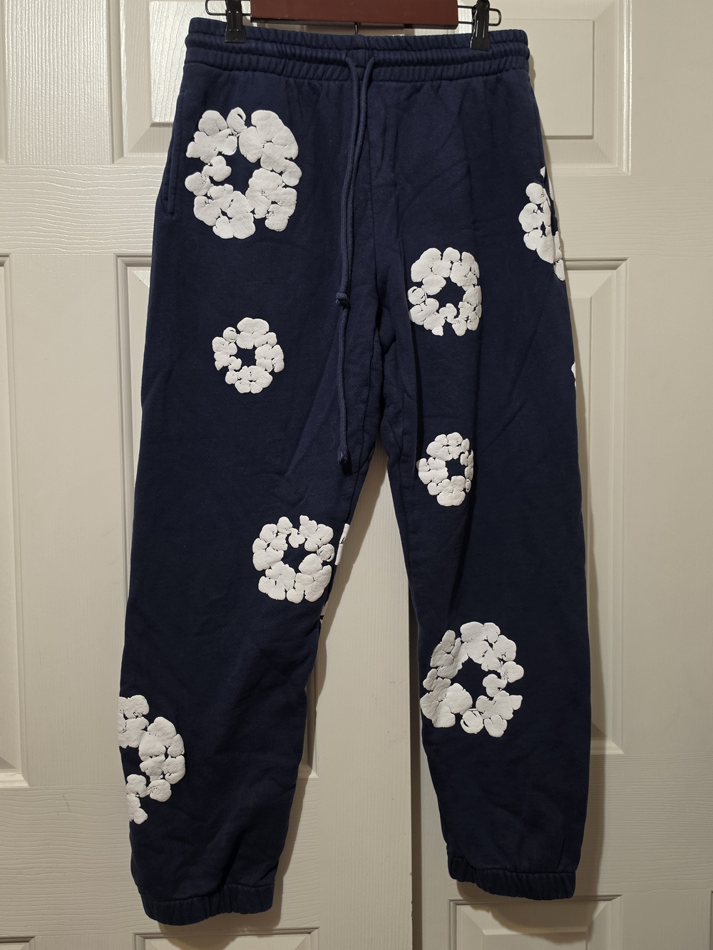 DENIM TEARS Navy Floral Women's Sweatpants L Cotton Floral Pattern Elastic Waist